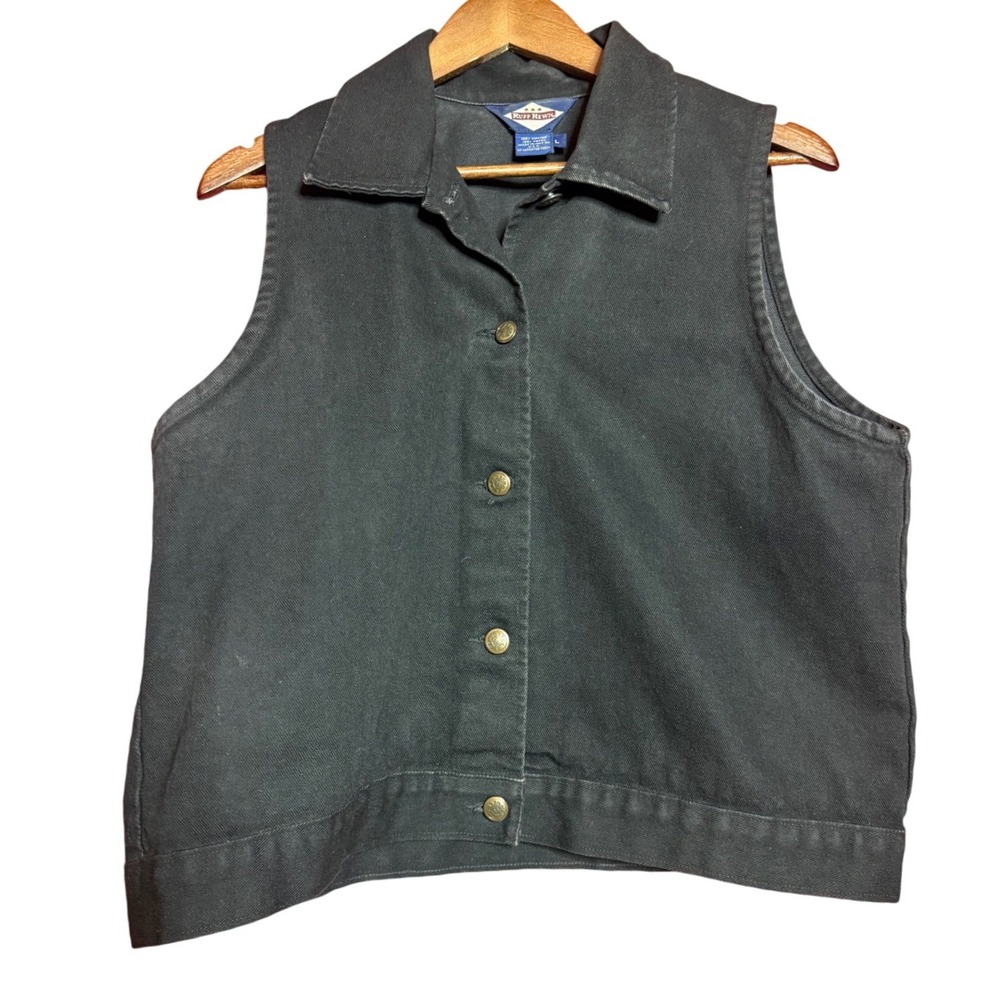 Ruff Hewn Men Large Black Denim‎ Vest Trucker Style Button Front Jacket Cotton